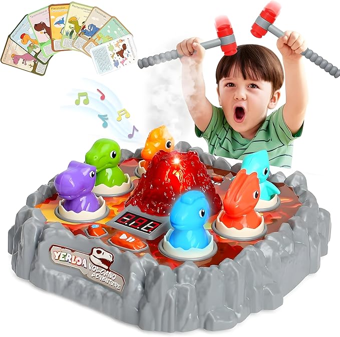 Yerloa Whack Game Mole Dinosaur Toys for Kids 2 3 4 Year Old Boy Birthday Gift, Sensory Toddler Boy Toys for Ages 2-4 2-3 4-6 3-5 Dino Volcano Learning Easter Gifts with 2 Hammers, Music Spray Light