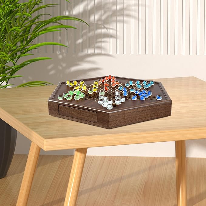 Chinese Checkers Set, 15 Inch Wooden Checkers Board Game with 60+12 Colorful Glass Marbles Fun Family Chinese Checkers Game for 2-6 Players