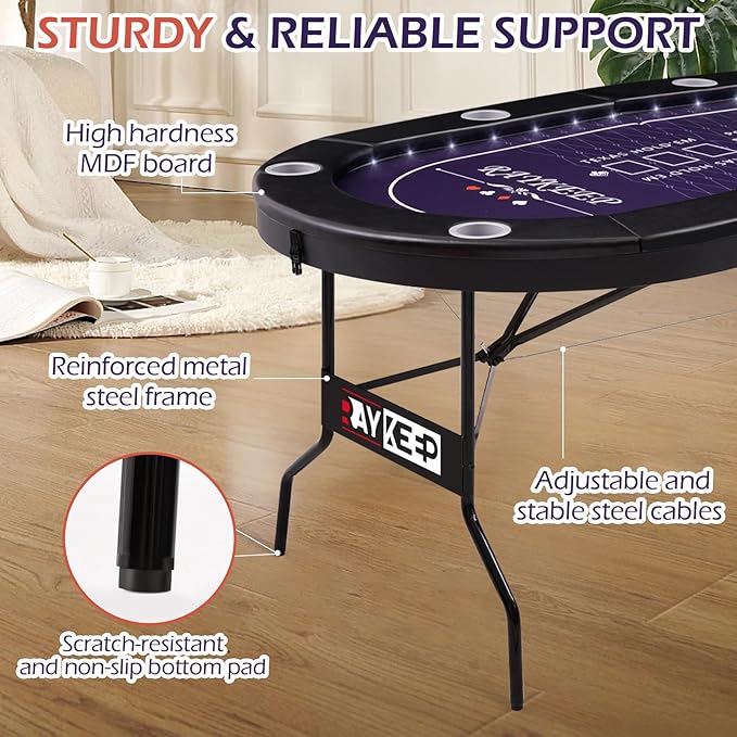 71" LED Poker Table - 8 Player Foldable Texas Hold'em Table with Built-in LED Lights, Padded Rails & 8 Cup Holders, Portable Casino Card Table for Home Game Room & Parties