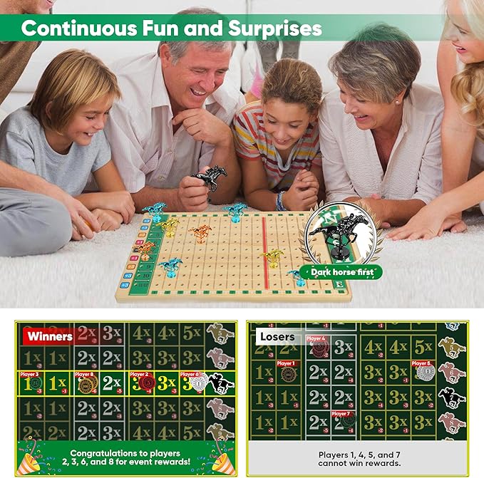 Premium Horse Racing Game with Cards and Dice, Horse Race Betting Board Game for Adult, Thickened Solid Wood with 143 Chips, 9 Metal Horses, Bet Board & Tokens & Cards, Rich Props for Enhanced Fun