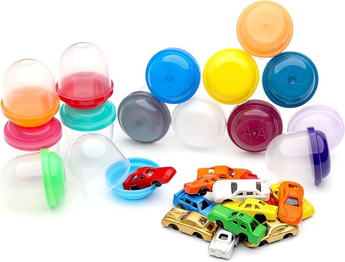 Entervending Racing Car Toys in Capsules - 50 Pcs - 1.1 Inch Plastic Capsules with Mini Racing Cars Toys for Kids inside - Bulk Easter Basket Stuffers Classroom Prizes