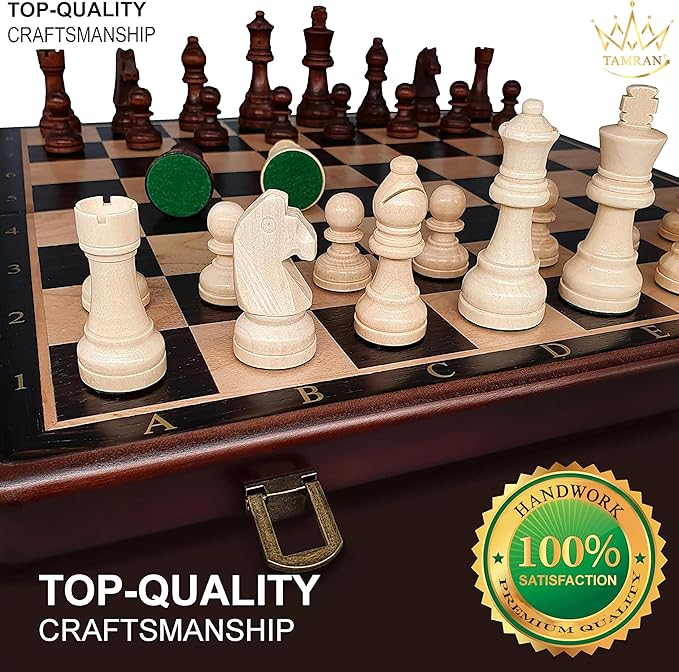 Magnetic Wooden Chess Board Game Set - 15 Inches Chess Sets for Adults and Kids, Foldable Chess Board Game, Handmade Portable Travel Chess Game, Chess Set for Begginers and Pros (Walnut Color)