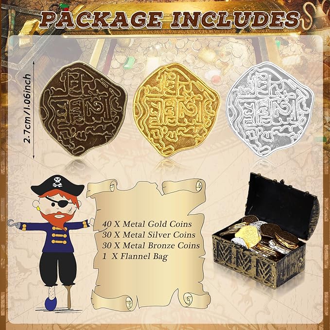 Hanaive 100 Pcs Metal Pirate Coins Treasure Chest Spanish Doubloon Fake Coins Tokens for Kids Board Games Pirate Party Cosplay (Novelty Style)