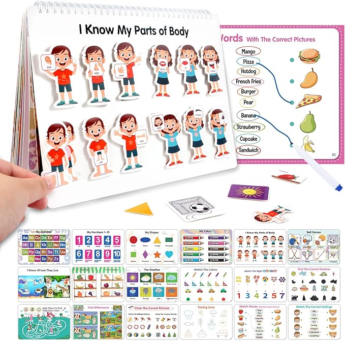 Preschool Montessori Toys Busy Book, 18 Themes Toddler Educational Learning Activities Book, Autism Sensory Toys with ABC Numbers Colors Shapes for Kids 3 4 5 Years Old