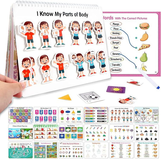 Preschool Montessori Toys Busy Book, 18 Themes Toddler Educational Learning Activities Book, Autism Sensory Toys with ABC Numbers Colors Shapes for Kids 3 4 5 Years Old