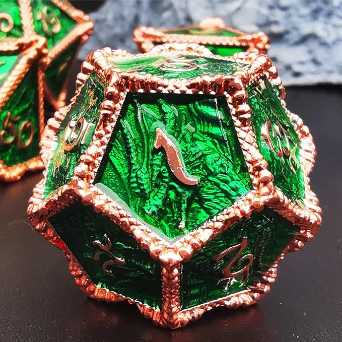 HAOMEJA DND Dice Metal Dragon Set Dice 7 Role Playing Dice D&D Solid Dice Dungeons and Dragons (Red Copper Green)