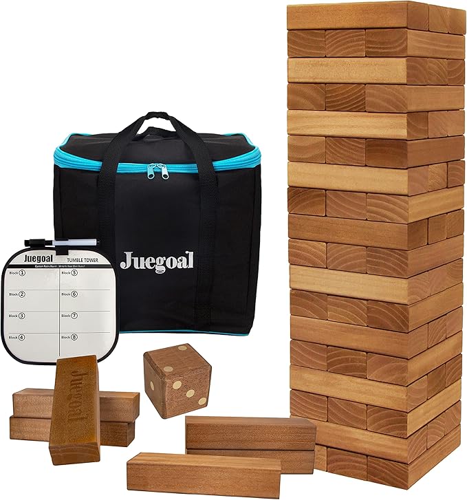 Juegoal 54 Pieces Giant Tumble Tower Blocks Game Giant Wood Stacking Game with 1 Dice Set, Gameboard, Canvas Bag for Adult, Kids, Family, Brown