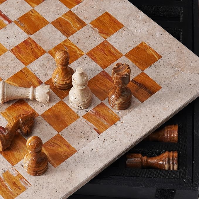 Marble Chess Set 15 Inch Travertine & Brown Checkers Board Game with Pieces, 2 Extra Queens and Storage Box, Strategy Set for Adults & Family, Travel, Tabletop Play