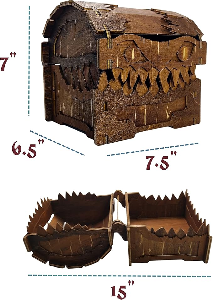 Mimic Chest for Dungeons and Dragons Tower with Tray Wood Laser Etched Cthulhu Portable and Collapsible Dice Roller Perfect for Board Game and Tabletop RPG