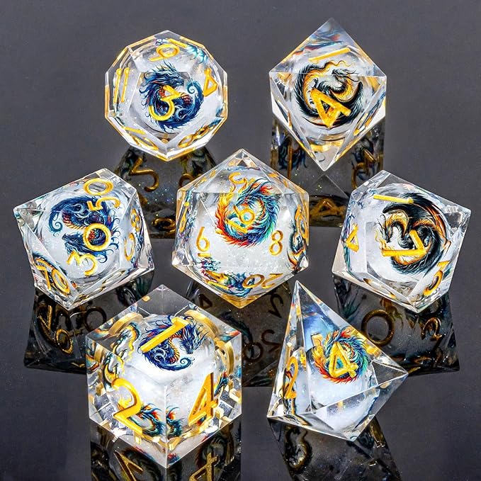 Dragon Pattern Liquid Core DND Dice Set, 7Pcs Sharp Edge D&D Dice with Gift Box, Resin White Dungeons Dragons D and D Role Playing Dice D20 D12 D10 D8 D6 D4