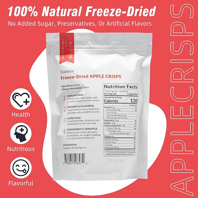 MATINÉE Freeze Dried Apple, Dehydrated Fruit, Dried Fruit Snack for Baking, Yogurt & Kids Treats-Vegan, Non-GMO, Preservative Free, 1.2oz, 34g (Pack of 4 Bag)