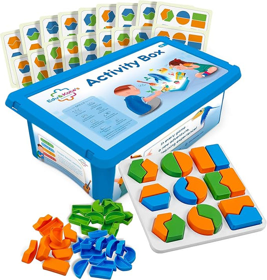 Edu&Kate’s Shape Puzzles for Kids - Montessori Shape Matching Game for Toddlers - 54 Puzzles, 3 Boards, 9 Challenge Cards + Activity Box - Autism & Early Learning Educational Sorters - Stage 4