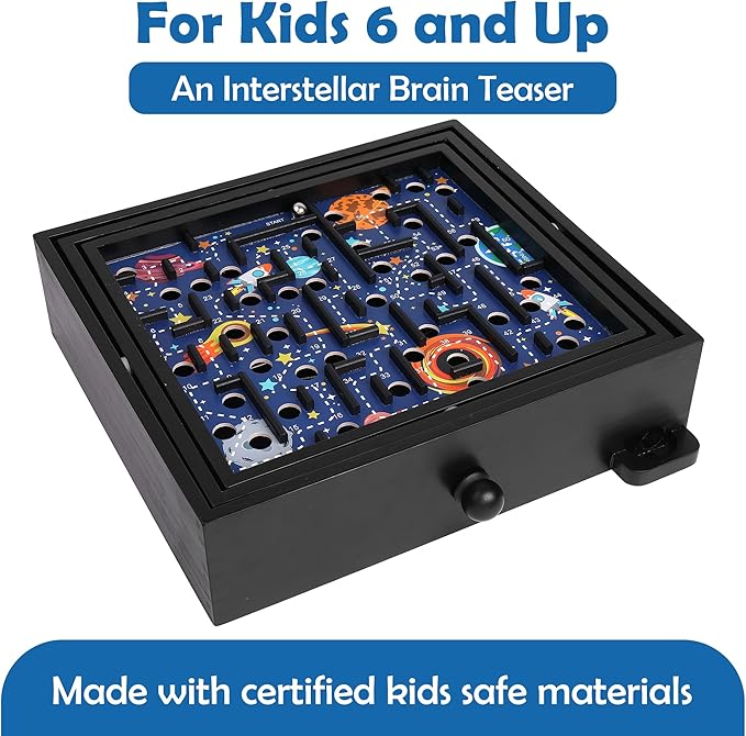 STERLING Games Wooden Labyrinth Space Shuttle Theme Tilt Maze Game with Marble Ball and 60 Waypoints for 6 Years Up, 13.5" x 13" Board