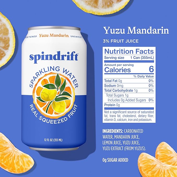 Spindrift Sparkling Water, Yuzu Mandarin Flavored, Made with Real Squeezed Fruit, 12 Fl OZ Cans, Pack of 24 (Only 6 Calories per Can)
