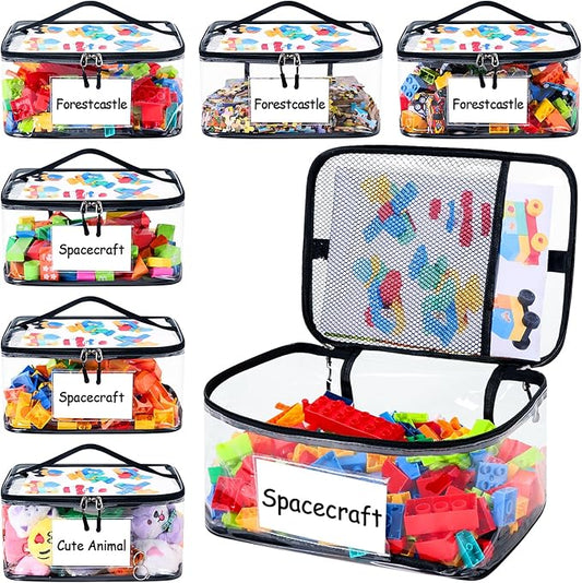 Upgraded 6 Pack Clear Toy Storage Bag - with Name Tag & Manual Pocket, Transparent PVC Toy Organizer Case with Zipper for Board Game, Building Blocks, Puzzles, Large Capacity for Kids Ages 6+ (Black)