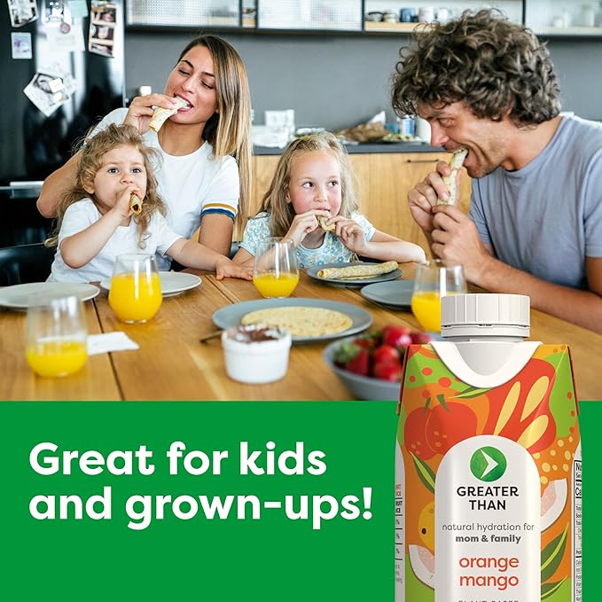 Greater Than Nutrient Hydration Beverage, Electrolyte Drink for Gut Health & Energy with Coconut Water, Vitamins, Gluten Free, Plant Based, Low Sugar, Orange Mango, 12 Pack