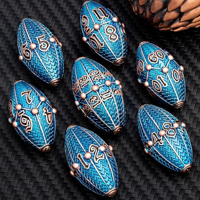 ARUOHHA DND Metal Dice Copper Blue Dragon Egg Dice with Metal Box, Role Playing Game RPG Polyhedral D and D Dice Set D20 D12 D10 D8 D6 D4
