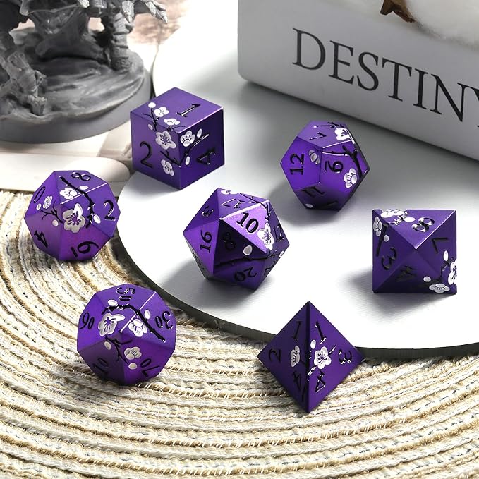 Matt Purple D&D Metal Dice, DNDND 7 PCS Heavy Metallic DND Dice Set with Gorgeous Gift Case for Dungeons and Dragon Tabletop Game (Matte Purple with White Flowers)