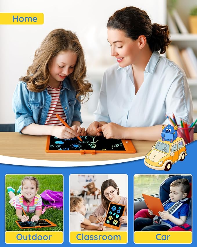 TEKFUN Toys for Girls Boys 10IN LCD Writing Tablet, Magic Doodle Board with Anti-Lost Stylus, Mess Free Coloring for Toddlers Drawing Pad, Toddler Travel Car Plane Trip Toys Gifts (Orange)
