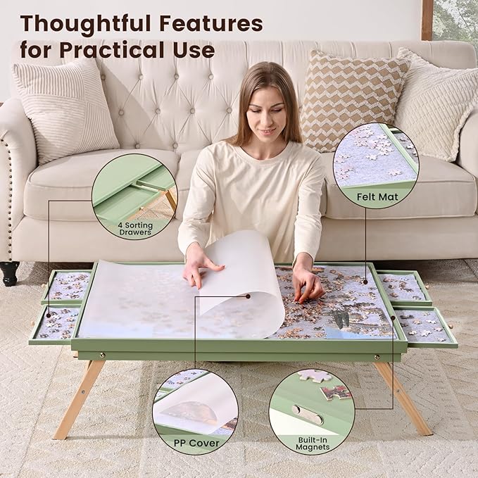 1500 Pieces Wooden Jigsaw Puzzle Board with Foldable Legs, 35"x26.8" Puzzle Table with 4 Drawers and Protective Cover, Large Wood Folding Jigsaw Puzzle Table for Adults and Teens, Mint Green