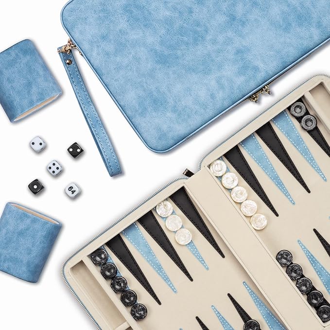 Backgammon Sets for Adults, Classic Board Game with Folding Leather Backgammon Case, Portable Travel Backgammon Game Set (Blue)