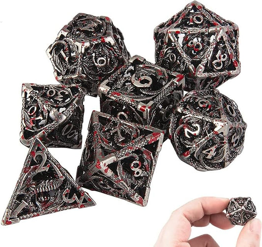DND Dice Hollow D&D Metal Dice Dungeons and Dragons Dice Set with Gift Box 7 PCs Steampunk Polyhedral Dice Games Set for RPG,MTG,Pathfinder,(Dragon Blood Spattered)