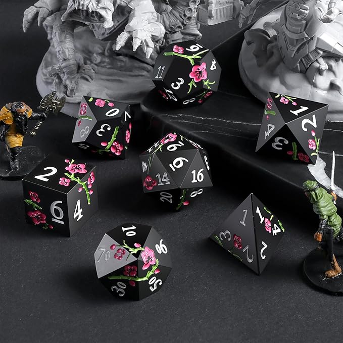 Metal Dice Set D&D, DNDND 7 PCS Flower Metallic DND Dice Set with Grogeous Gift Case for Dungeons and Dragon Tabletop Game (Matte Black with Pink Flower)