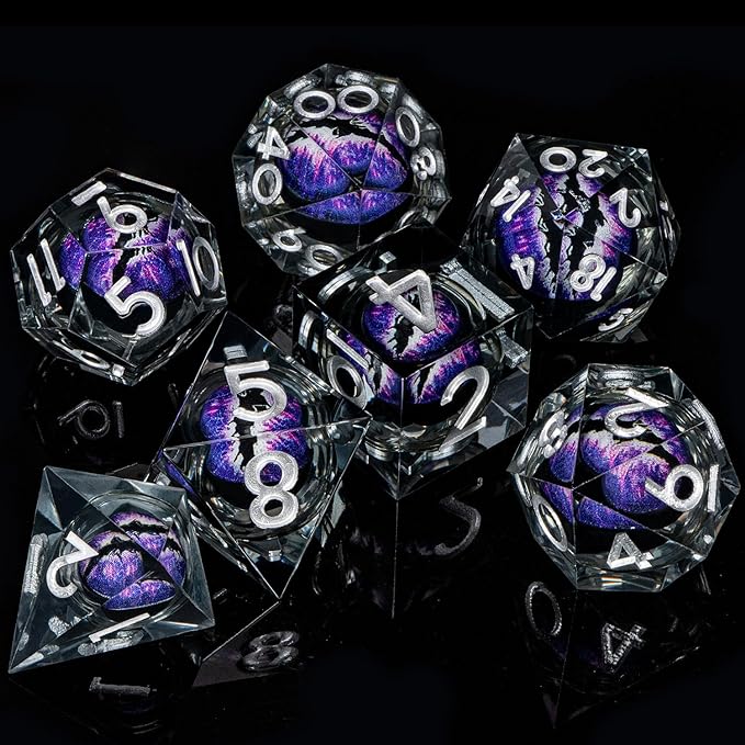 ARUOHHA DND Resin Dice Dragon Eye Dice Liquid Core Purple Sharp Edged Dice Set with Gift Box, Dungeons Polyhedral D and D Dice Set Compatible with D&D Role Playing Game D20 D12 D10 D8 D6