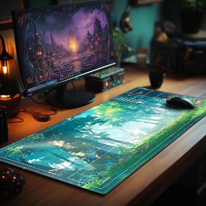 Playmat for MTG Card Game, Gameplay Mats 24"x14", Commander Deck Gaming Desk Mat, Beginner, Anime Woodland Forest