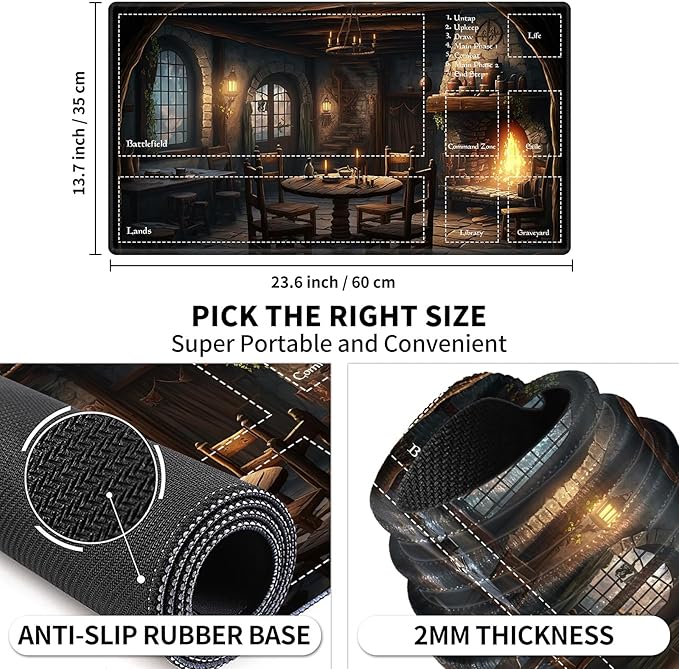 Playmat with Zones for MTG Card Game Playing, 24"x14" Commander Deck Gaming Desk Duel Mat for Beginner, Medieval Tavern