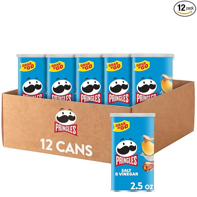 Pringles Potato Crisps Chips, Lunch Snacks, On-The-Go Snacks, Grab n' Go, Salt and Vinegar (12 Cans)