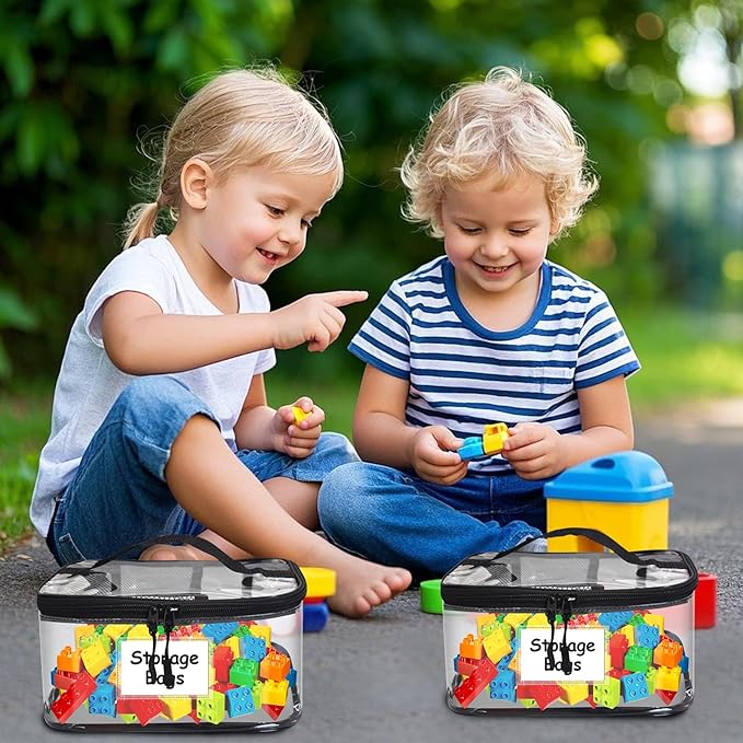 8 Pack Large Clear Toy Storage Bags with Zipper - 9.4x6.7x5.1In Waterproof PVC Organization for Lego, Building Blocks, Board Games & Puzzles - Includes Name Tag (Black)