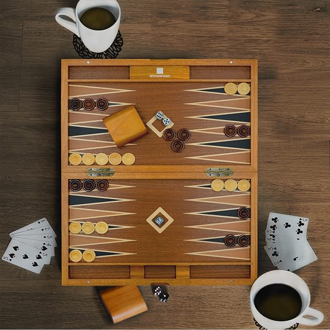 Woodronic 15" Wooden Backgammon Set, Folding Classic Board Game, Best Strategy Game and Smart Game of Tactics for Kids and Adults