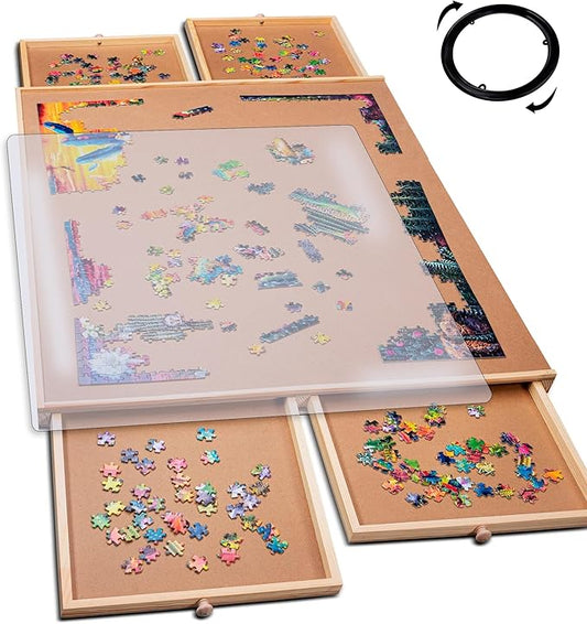 PlayVibe 1000 Piece Rotating Puzzle Board with Drawers and Cover - Sturdy Jigsaw Puzzle Table with 4 Drawers 22” x 30" - Portable Puzzles Boards with Lazy Susan, Wooden, Spinning Puzzles Accessories