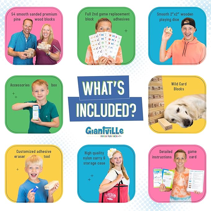 Giantville Giant Tumbling Timber Toy - Premium Pine Wood Life-Size Blocks Tower - Big Floor/Board Indoor/Outdoor Yard Game for Kids & Adults - 54-Blocks + Red Storage/Carry Bag - Grows Almost 4-Feet