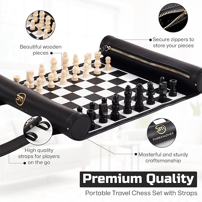 Roll Up Chess Set - 11" Foldable Leather Chess Mat with Wooden Chess Pieces - Portable Travel Chess Set with Straps - Perfect Chess Game for Airplane, Camping, and More (Black)