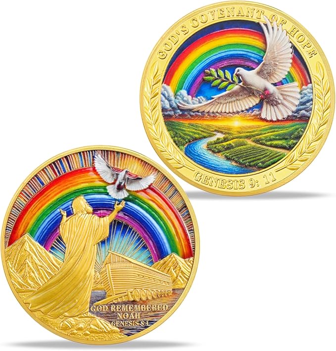 Rainbow Ark Dove Religious Coin Inspirational Bible Verse Medallion Faith-Based Gifts for Spiritual Encouragement for Men & Women