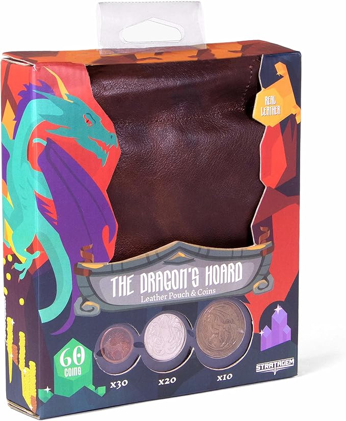 The Dragon's Hoard: 60 Real Metal Fantasy Coins with Leather Pouch | Board Game Accessory for Tabletop RPG Role-Play Strategy Games | Bronze, Silver, and Gold Colored Coins