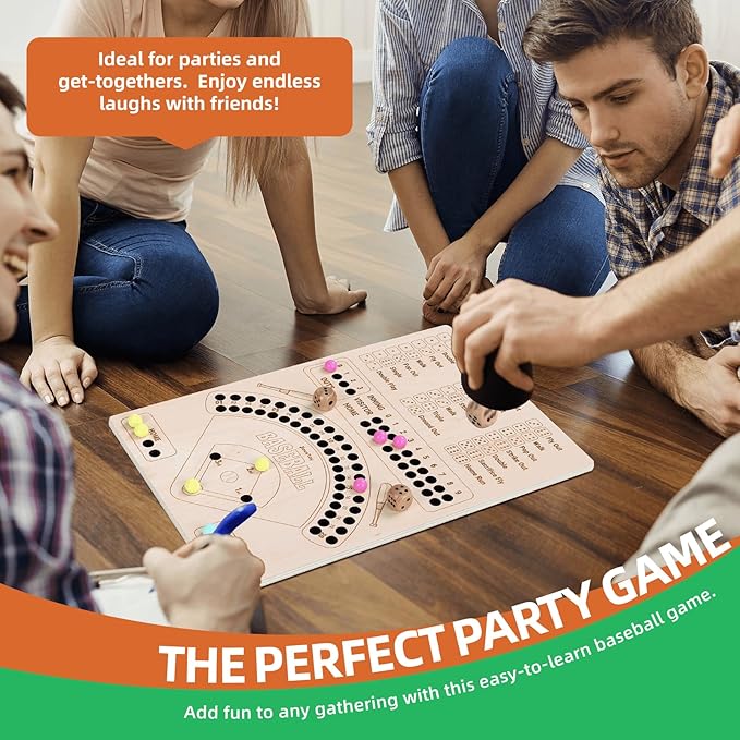 Baseball Board Game, Wooden Baseball Dice Game with Marbles, Baseball Travel Game and Indoor Table Game for Camping Family Gatherings, Baseball Gift for Teens Adults (Natural Style)