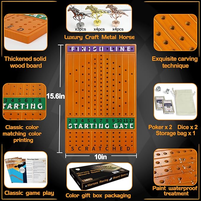 Horse Race Board Game Racing Game Thickened Solid Wood with 11 Luxurious Durable Classic Metal Horses with 4 Dice and 2 Boxes of Cards Horse Racing Game (Red Peach, Rectangle