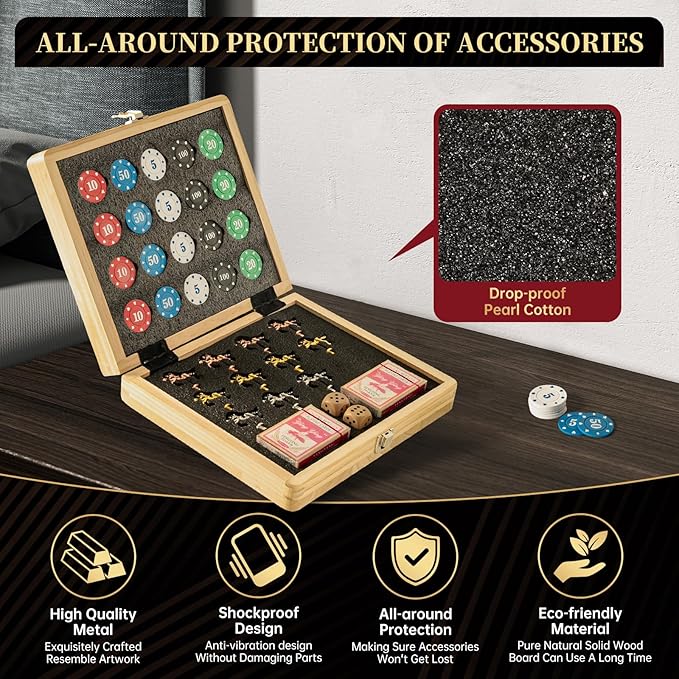 Horse Race Board Game, Large 21" Horse Racing Board Game with 11 Luxury Metal Horses, Foldable Solid Wood Horse Racing Game with Tokens, 2 Sets of Dice, 2 Boxes of Cards for Parties