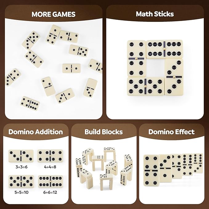 PUREPLAY Jumbo Classic Dominoes Double 6 Game Set，Ivory 28pcs Domino Set in Poatable PVC Case-Family Nights,Party Favors,Travel and Anytime Use,2-4 Players