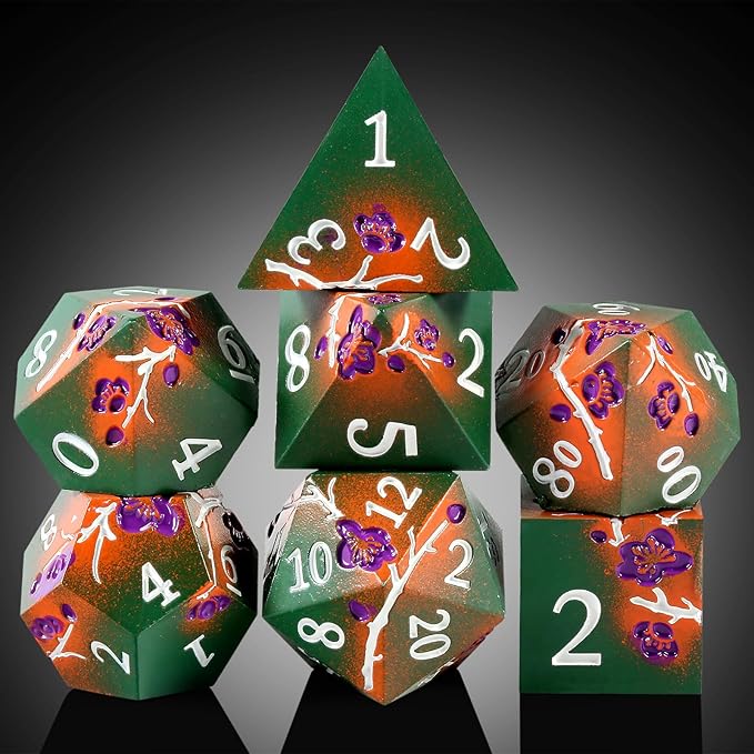 DNDND Metal Dice, 7 PCS Metallic Flowers D&D Dice with Gorgeous Gift Case for DND Dungeons and Dragon Tabletop Game (Army Green and Orange)