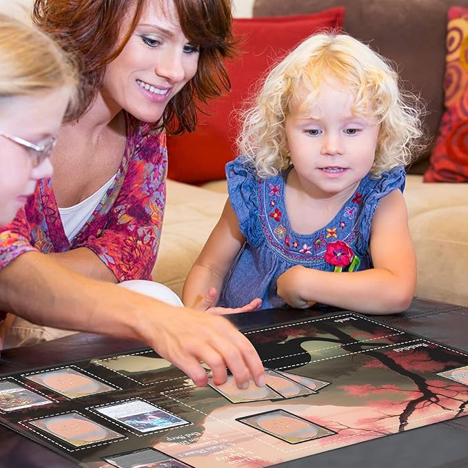 Playmat with Zones for MTG Card Game Playing, 24"x14" Commander Deck Gaming Duel Mat for Beginner, Pink Tree Black Cat