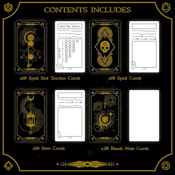 Citadel Black Tabletop RPG Accessory Card Set of 50 D&D, Gold Foil Spell Slot Tracker, Item and Spell Cards, Blank Notes for Dungeons and Dragons 5th Edition & Other Tabletop Games