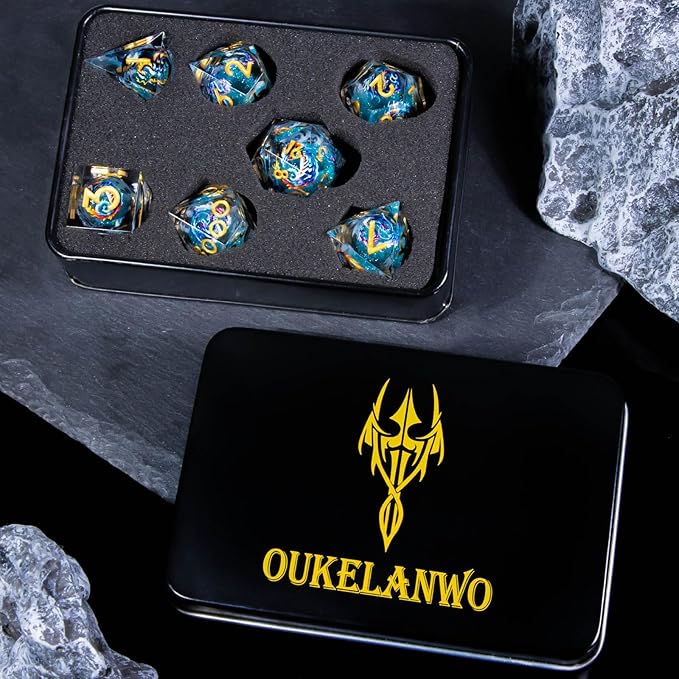 OUKELANWO Liquid Core Dragons Stickers DND Dice Set D&D, 7Pcs Dungeons D and D Role Playing Dice with Gift Box, Resin Sharp Edge Dice D20 D12 D10 D8 D6 D4, Blue Gold