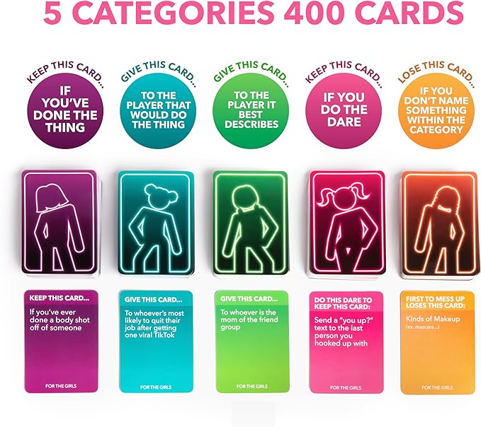 For The Girls Card Game by Relatable, The Viral Girls Night Adult Party Game, Great for Bachelorette Party Games, Girls Weekends and Fun Girls Trips, Includes a die, and 400 Cards Across 5 Categories