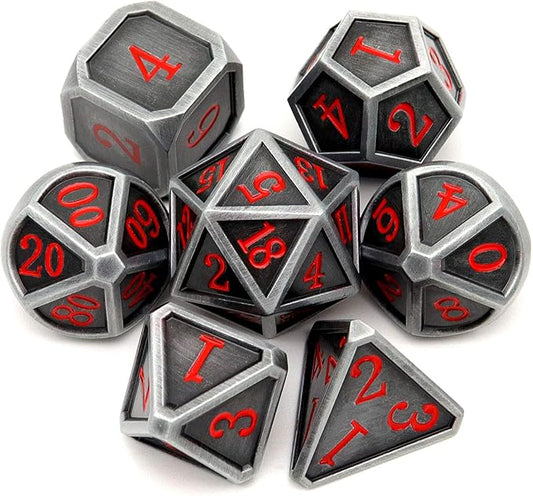 Haxtec Ancient Silver Metal DND Dice Set D&D 7PCS Large Rounded Antiue Iron RPG Dice Red Numbers for Dungeons and Dragons TTRPG Game Gifts',Standard size
