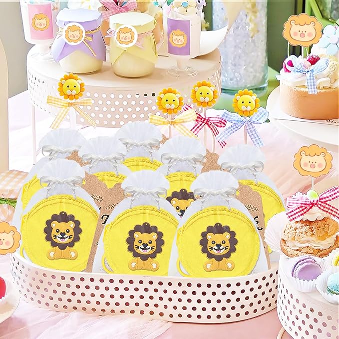 36 Pack Lion Change Purses Set Include 12 Lion Wallets with Keyrings, 12 Thank You Tags and 12 Organza Bags for Lion Jungle Safari Animals Baby Shower Wild ONE Party Supplies,Yellow