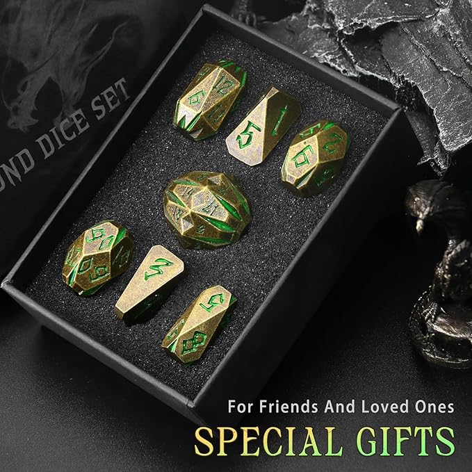 DND Metal Dice Set, ZHOORQI 7 Pcs Polyhedral Dice, Perfect for Dungeons and Dragons, RPG Role Playing Games - Unique Cool Dice with Stonehenge Themed Design for Game Gifts（Bronze Green）